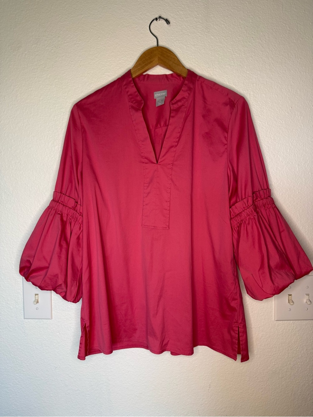 Chico’s Poplin Balloon Sleeve Popover Blouse Pink Women’s Size 12 (Chico’s 2)